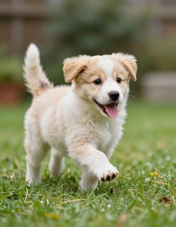 Puppy running on the grass.の写真素材