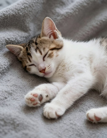 Cute little kitten sleeping on soft blanket. Selective focus.の写真素材