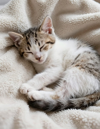 Cute little kitten sleeping on soft plaid. Cozy home.の写真素材