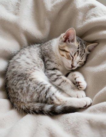 Cute tabby kitten sleeping on white soft blanket. Animal theme.の写真素材