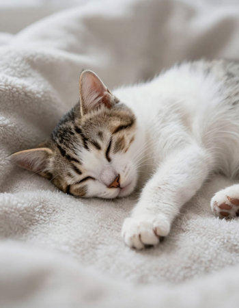 Cute tabby kitten sleeping on a white blanket with copy spaceの写真素材
