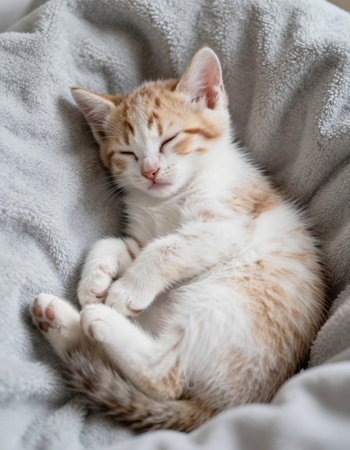 Cute ginger cat sleeping on soft blanket. Selective focus.の写真素材