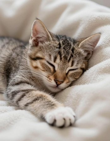 Cute little tabby kitten sleeping on a soft white blanket.の写真素材