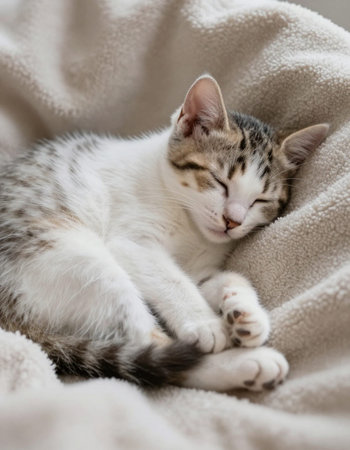 Cute little kitten sleeping on a soft blanket. Selective focus.の写真素材