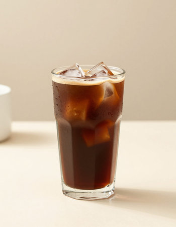 Iced coffee with ice cubes in a glass on a beige background