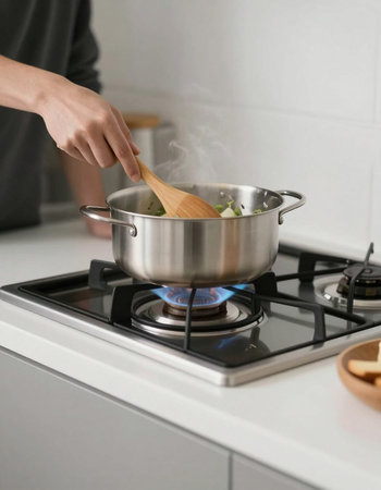 Woman cooking soup on gas stove in kitchen, closeup. Space for text
