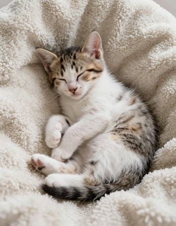 Cute little tabby kitten sleeping on soft blanket, top view