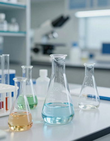 Laboratory glassware with color liquid, science research and development conceptの写真素材