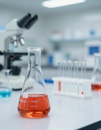 Laboratory glassware with chemical liquid in a laboratory, science backgroundの写真素材