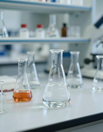 Laboratory glassware with chemical liquid, science research and development concept