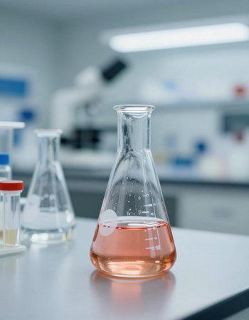 Laboratory glassware with chemical liquid, science research and development conceptの写真素材