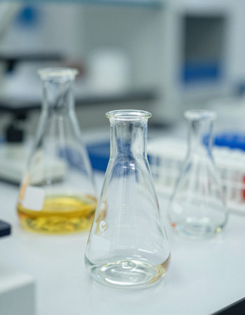 Laboratory glassware with yellow liquid, science research and development conceptの写真素材