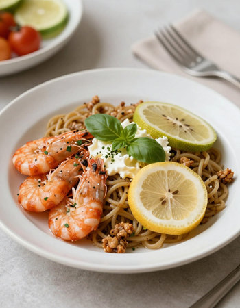 Spaghetti with Shrimps, Creamy Sour Cream Sauce and Lemon Sliceの写真素材