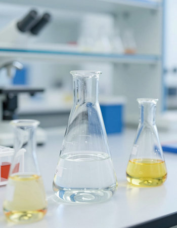 Laboratory glassware with yellow and white liquid, science research conceptの写真素材