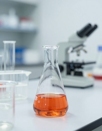 Laboratory glassware containing chemical liquid, science research and development concept