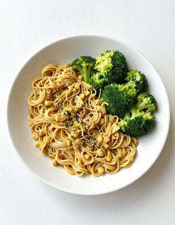 buckwheat noodles with broccoli on white background.