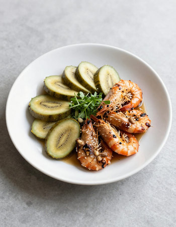 Shrimp and cucumber in sweet and sour sauceの写真素材