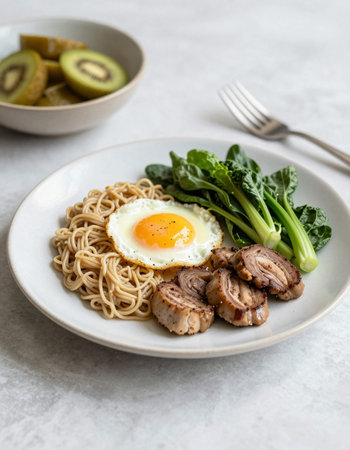 Noodle with pork, egg and kiwi on white backgroundの写真素材