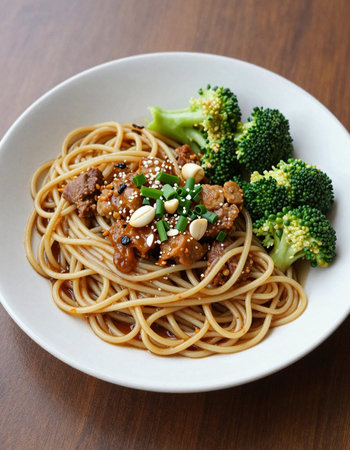 Stir-fried spaghetti with beef, broccoli and sesame seedsの写真素材