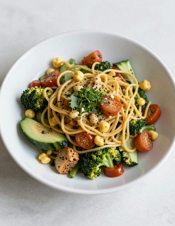 Spaghetti with chickpeas, tomatoes, broccoli and cucumber