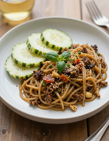 Spaghetti with minced meat and fresh cucumber on a wooden tableの写真素材
