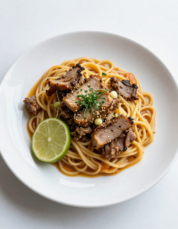 Spaghetti with pork, sesame seeds and lime on white backgroundの写真素材