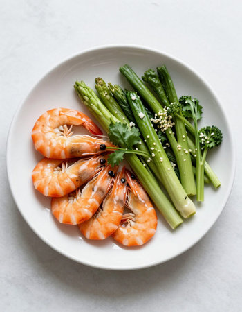boiled shrimps and asparagus with sesame seedsの写真素材