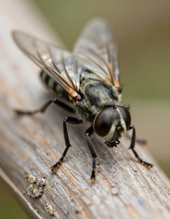A macro shot of a fly sitting on a wooden stick in the garden.