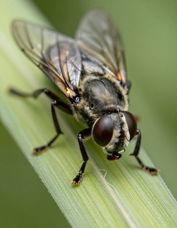 Fly on a blade of grass in nature. Macro. Shallow depth of field
