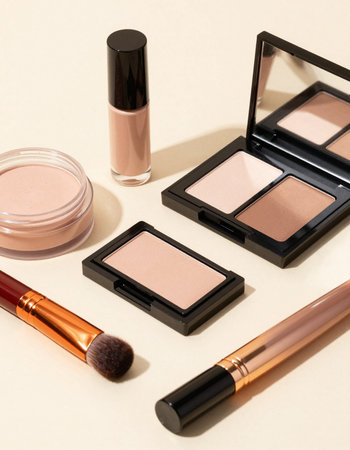 Makeup brushes, eye shadows and blush on a beige background