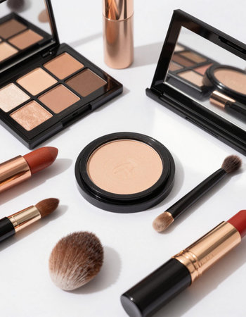 collection of make-up and cosmetic beauty products arranged on white background