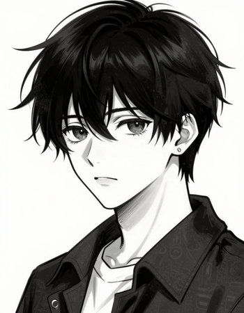 Portrait of a young man in a black jacket and white shirtの写真素材