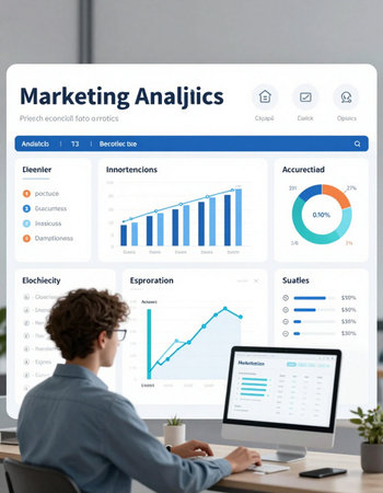 Man working on computer laptop and tablet in office. Marketing analysis conceptの写真素材