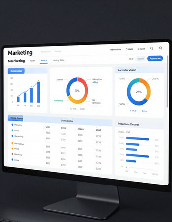 Highly rendering of a computer monitor with a financial report on the screen