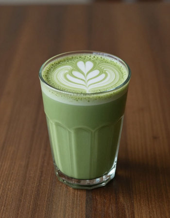 Green tea matcha latte in a glass on wooden table.