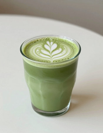 Green tea matcha latte in a glass on white background.
