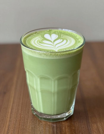 Green tea matcha latte in a glass on wooden table.