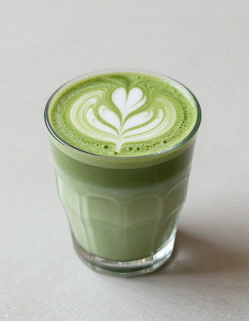 Green tea matcha latte in a glass on white background.