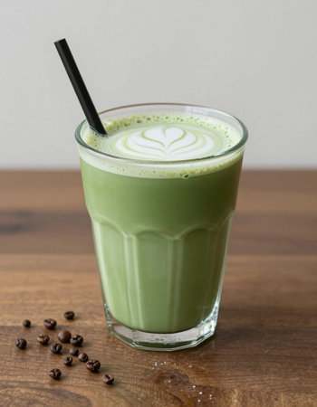 Matcha green tea latte on wooden table with white background.