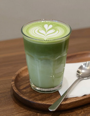Green tea latte on wood table in coffee shop, stock photo