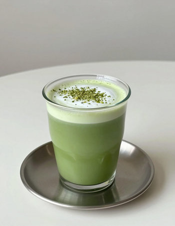Matcha green tea latte in a glass on a white background