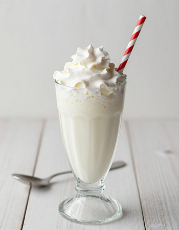 Milkshake with whipped cream in a glass on white wooden backgroundの写真素材