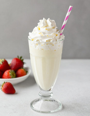 Strawberry milkshake with whipped cream and fresh strawberries on a light backgroundの写真素材
