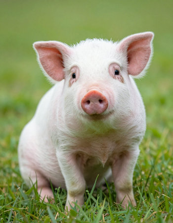Little piglet on the green grass in the farm. Close up.の写真素材