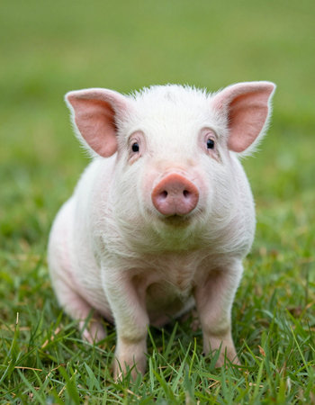 Little piglet on the green grass in the farm, selective focus