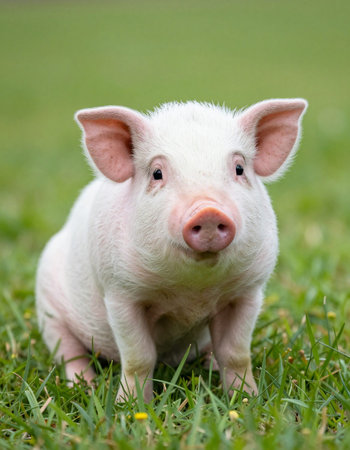 Little piglet on green grass in the farm. Selective focus.