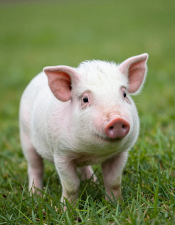Little piglet on the green grass in the meadow, selective focus