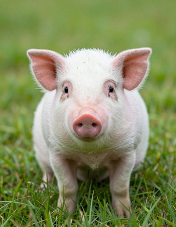 Cute little piglet standing on green grass in summer day.の写真素材