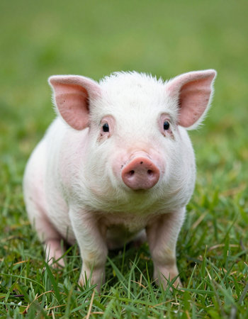 Cute little piglet on the green grass in the farm.