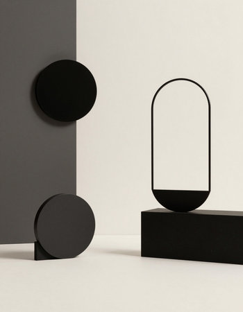 3d render of abstract minimal geometric forms. Glossy black podium for product presentation.の写真素材
